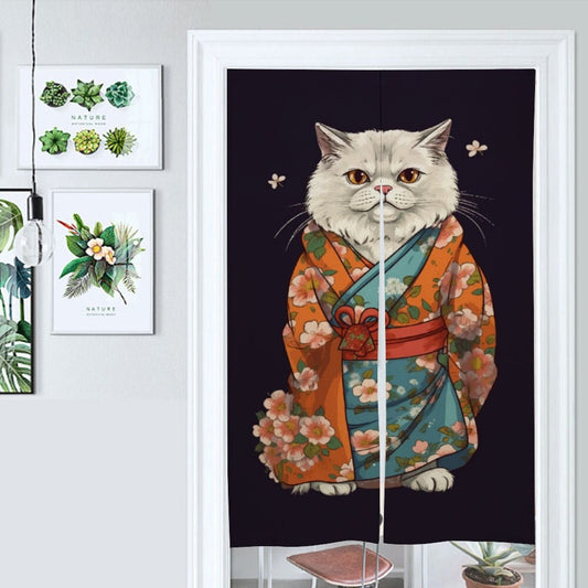 Japanese Noren Curtain, Cat Lover Gift, Cat in Kimono Decoration, Ukiyo-e Style Art, Persian Cat Lover Decoration, Room Divider, Japan Decor