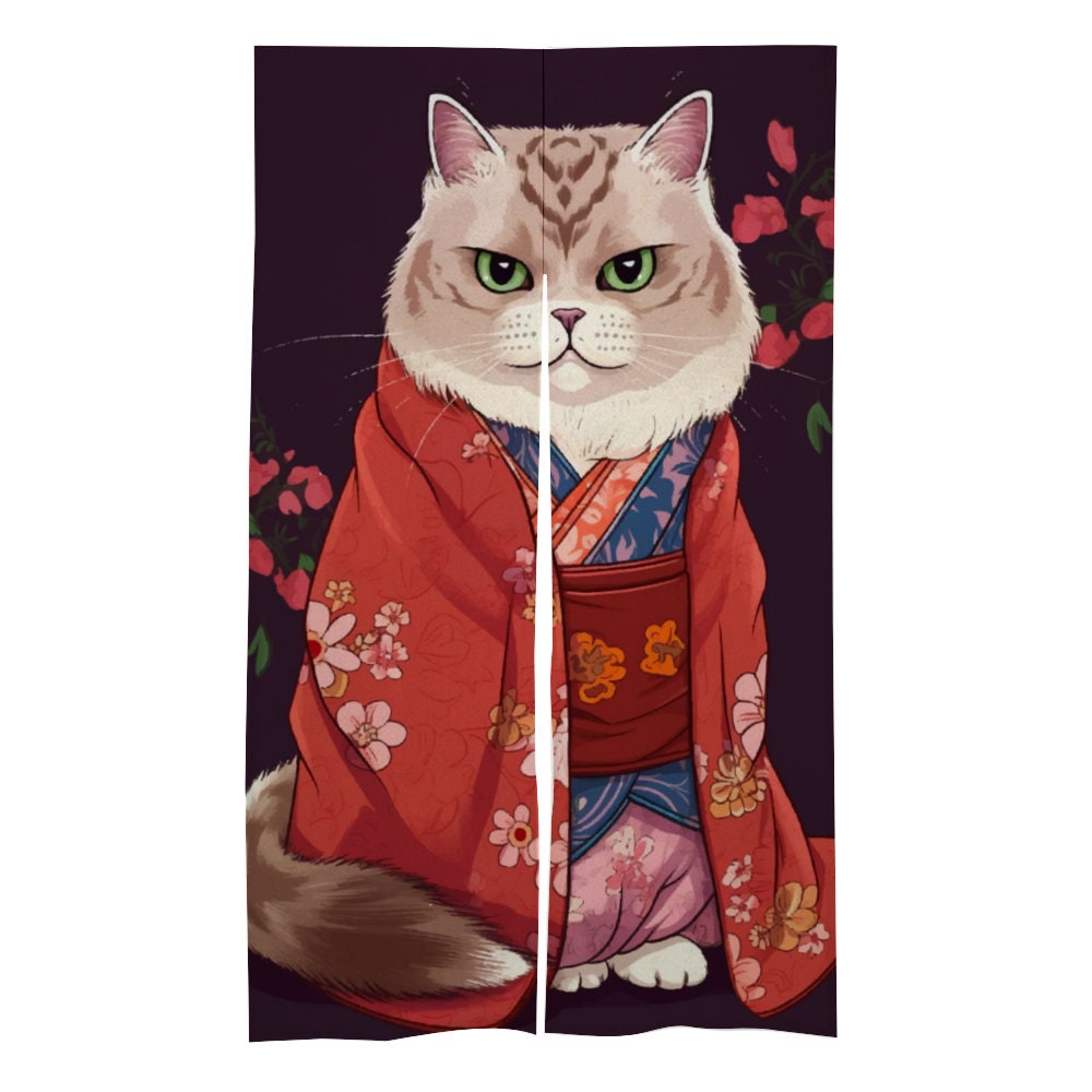 Japanese Noren Curtain, Cat Lover Gift, Cat in Kimono Decoration, Ukiyo-e Style Art, Persian Cat Lover Decoration, Room Divider, Japan Decor