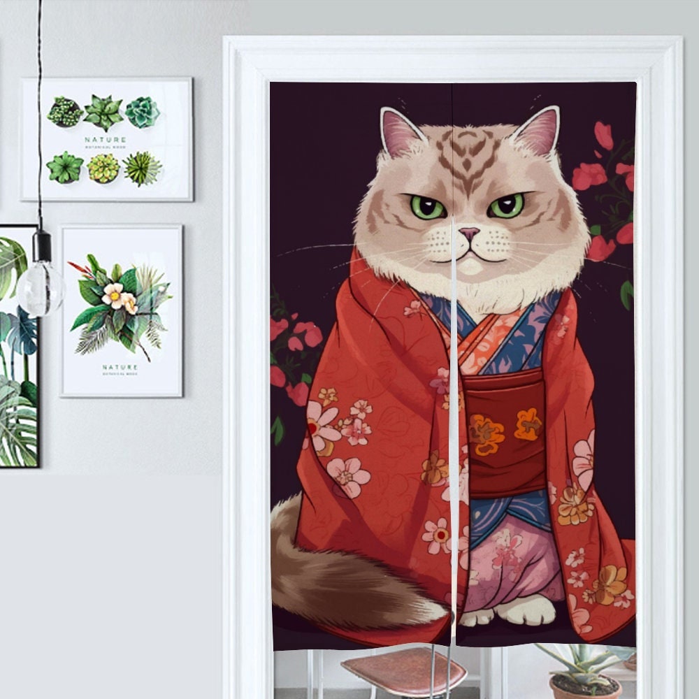 Japanese Noren Curtain, Cat Lover Gift, Cat in Kimono Decoration, Ukiyo-e Style Art, Persian Cat Lover Decoration, Room Divider, Japan Decor