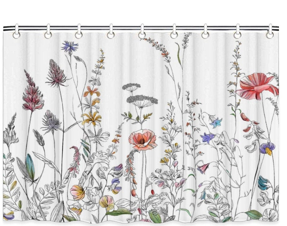 Botanical Wild Flower Shower Curtain, Retro Plants Flower Waterproof Curtain, Nature Bath Decor Bathroom Curtains, Housewarming Gifts