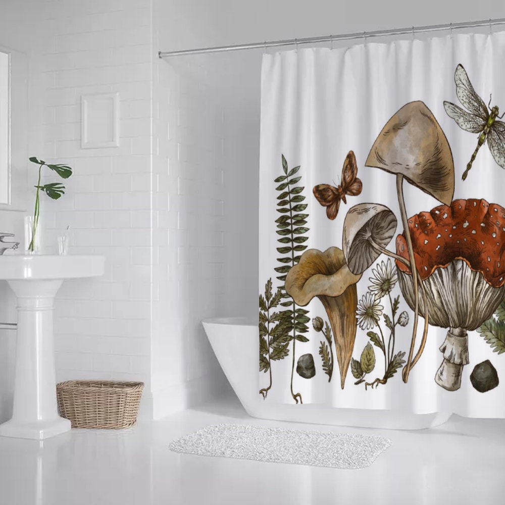 Botanical Wild Mushroom Forest Shower Curtain, Retro Plants mushroom Waterproof Curtain, Bath Decor Bathroom Curtains, Housewarming Gifts