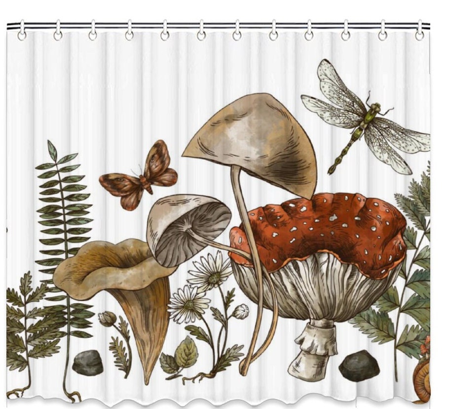 Botanical Wild Mushroom Forest Shower Curtain, Retro Plants mushroom Waterproof Curtain, Bath Decor Bathroom Curtains, Housewarming Gifts