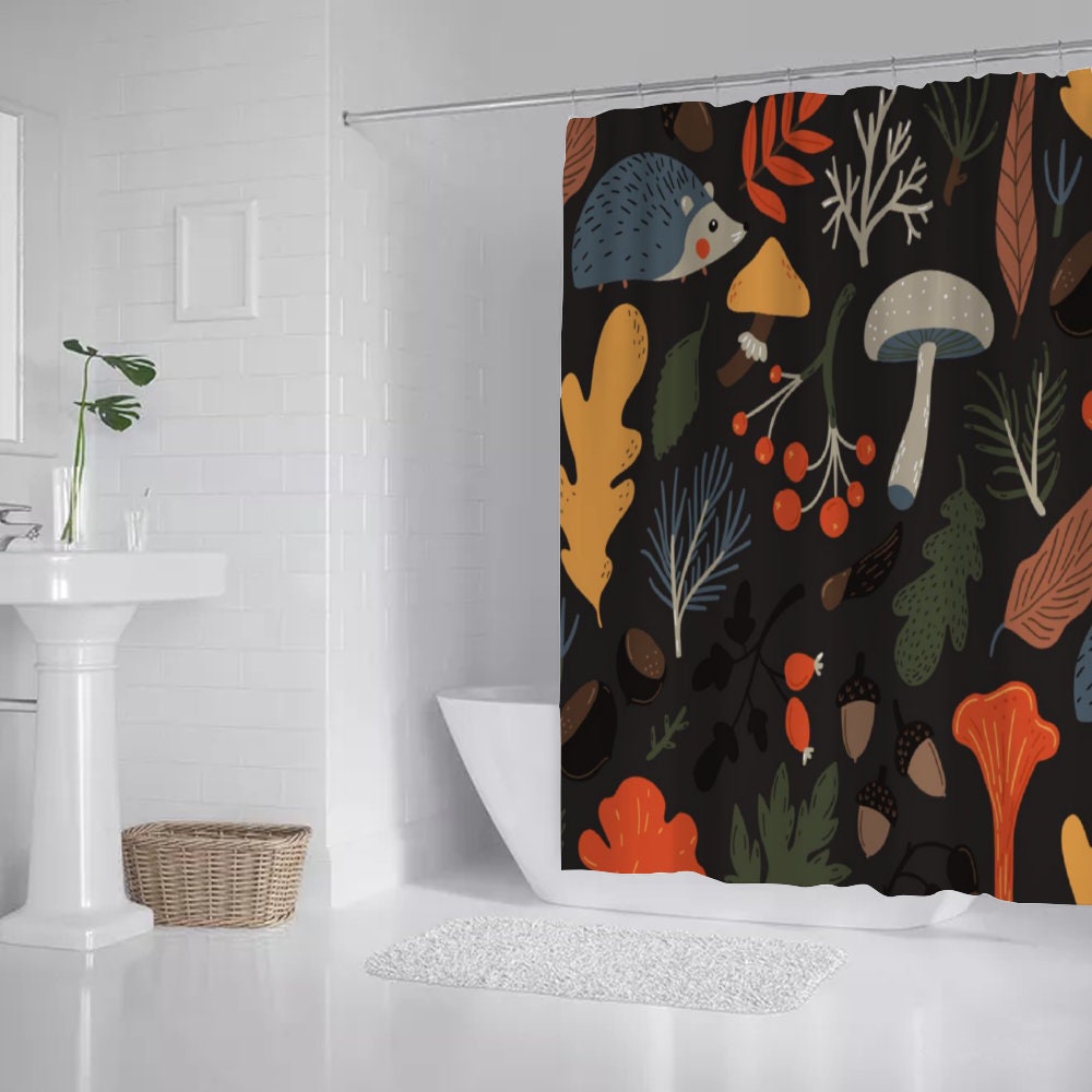 Black Botanical Wild Mushroom Forest Shower Curtain, Plants Flower Waterproof Curtain, Nature Bath Decor Bathroom Curtain, Housewarming Gift