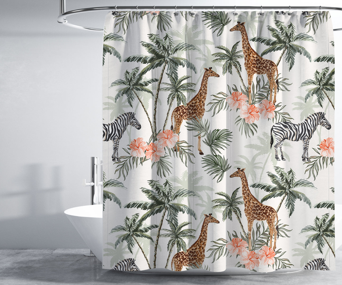 Safari Shower Curtain, Tropical Jungle Shower Curtain, Bath Shower Curtain, Waterproof shower curtain with C-shaped hooks, Housewarming Gift