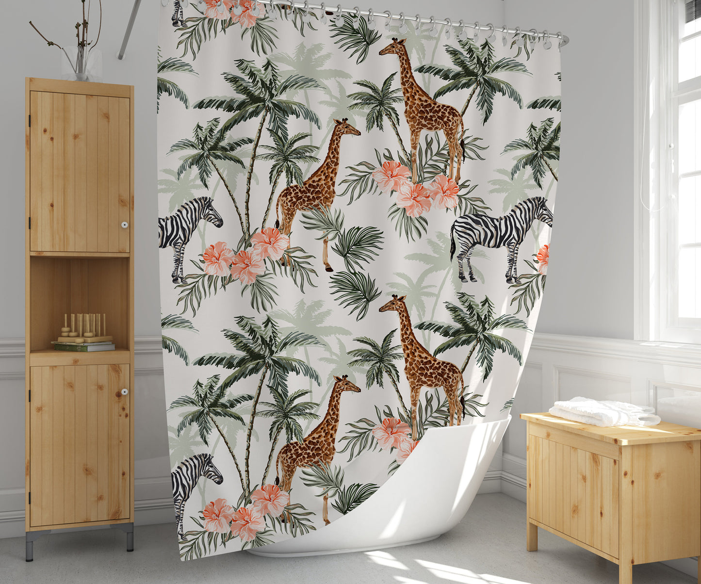 Safari Shower Curtain, Tropical Jungle Shower Curtain, Bath Shower Curtain, Waterproof shower curtain with C-shaped hooks, Housewarming Gift