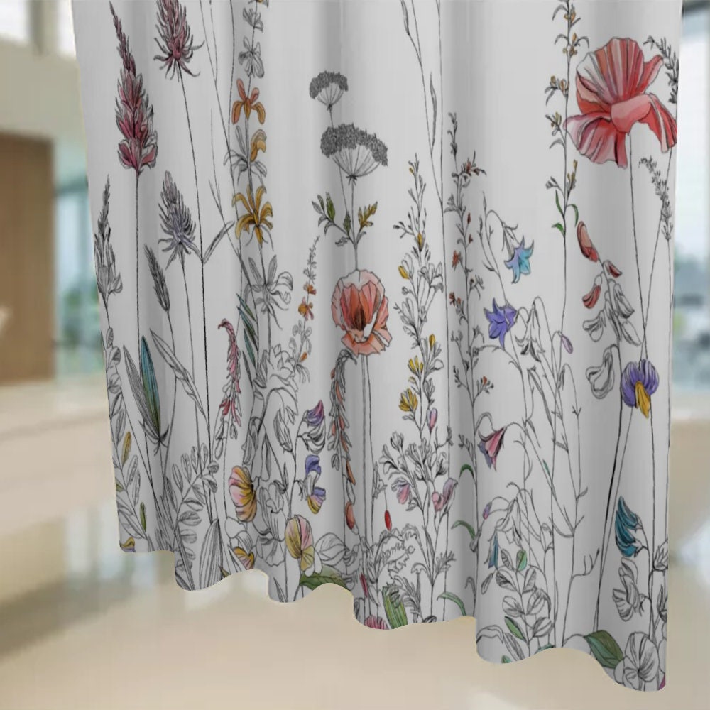 Botanical Wild Flower Shower Curtain, Retro Plants Flower Waterproof Curtain, Nature Bath Decor Bathroom Curtains, Housewarming Gifts