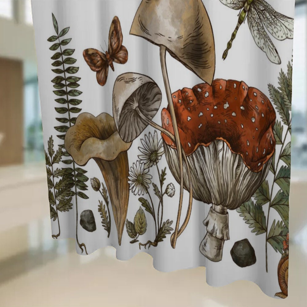 Botanical Wild Mushroom Forest Shower Curtain, Retro Plants mushroom Waterproof Curtain, Bath Decor Bathroom Curtains, Housewarming Gifts