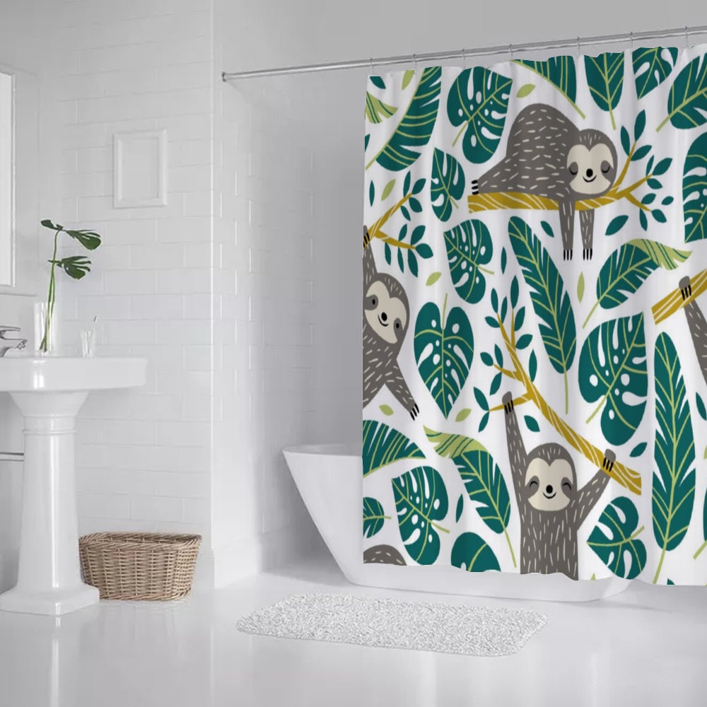 Funny Sloth Shower Curtain, Cute Sloth Waterproof Curtain, Nature Bath Decor, Sloth pattern Bathroom Curtains, Housewarming Gift