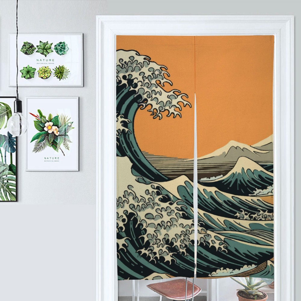 Japanese Noren, Japanese Door Curtain, Japanese Pattern Hemp Curtain, Japanese Waves curtain, Japanese Waves Noren, Wall Hanging Decor