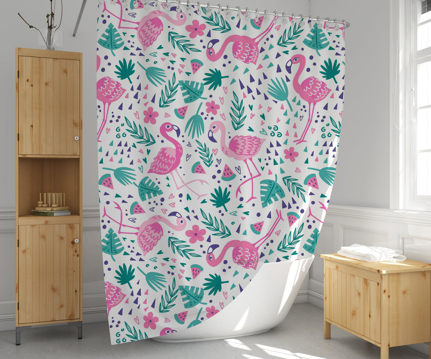 Tropical Flamingo Bird Shower Curtain, Funny Bath Curtain, Bathroom Curtain with Hooks, Nature Bath Bathroom Curtains, Housewarming Gift