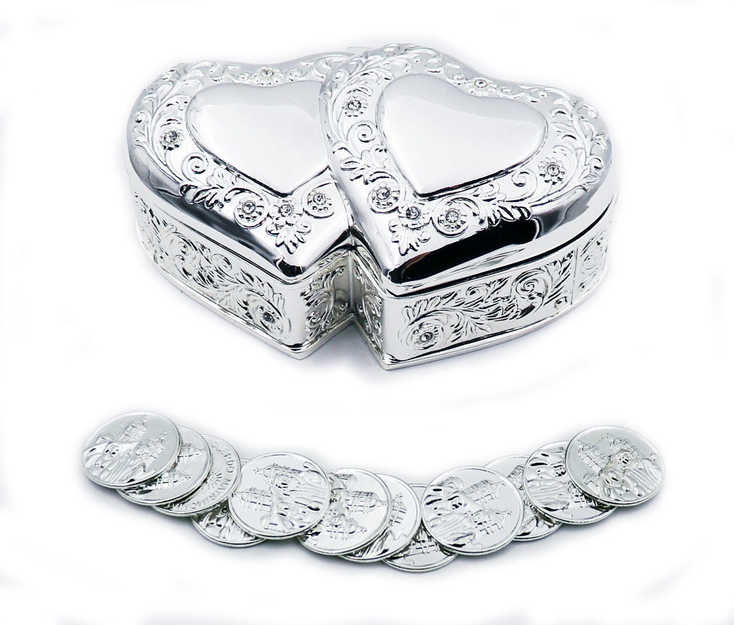 Elegant Silver Double Heart Wedding Arras with 13 coins set, Ring Box, Arras de Boda Wedding Unity Coins, Great Wedding Gift Idea