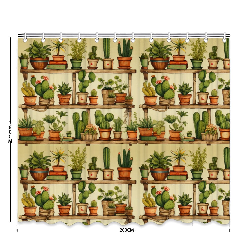 Pot Plants Art Shower Curtain, shower curtain, Boho Botanical Plants Bohemian Theme Green Cactus Shower Curtain, Housewarming Gifts