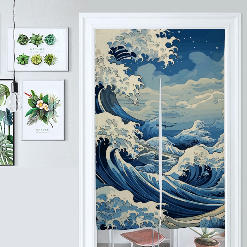 Japanese Noren, Japanese Doorway Curtain, Japanese Traditional Noren Door Curtain, Japanese Wave curtain, Japan Ocean Wave Theme