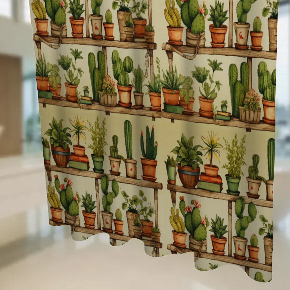 Pot Plants Art Shower Curtain, shower curtain, Boho Botanical Plants Bohemian Theme Green Cactus Shower Curtain, Housewarming Gifts