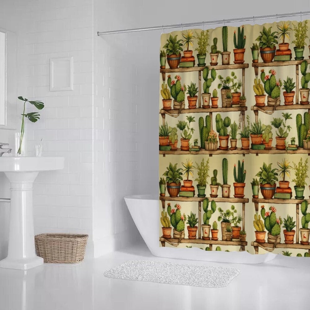 Pot Plants Art Shower Curtain, shower curtain, Boho Botanical Plants Bohemian Theme Green Cactus Shower Curtain, Housewarming Gifts