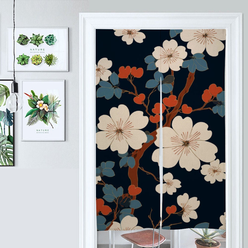 Japanese Floral Noren Door Curtain - Japanese Traditional Pattern Room Divider for Home Decoration - Japanese Noren, Japanese Door Curtain