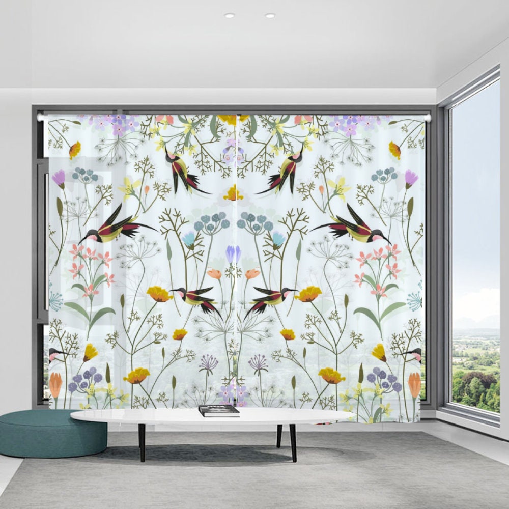 Elegant Chiffon Window Curtains - Translucent Sheer Curtains with Humble Birds Pattern - Two-Piece Set - Product size is one-piece size