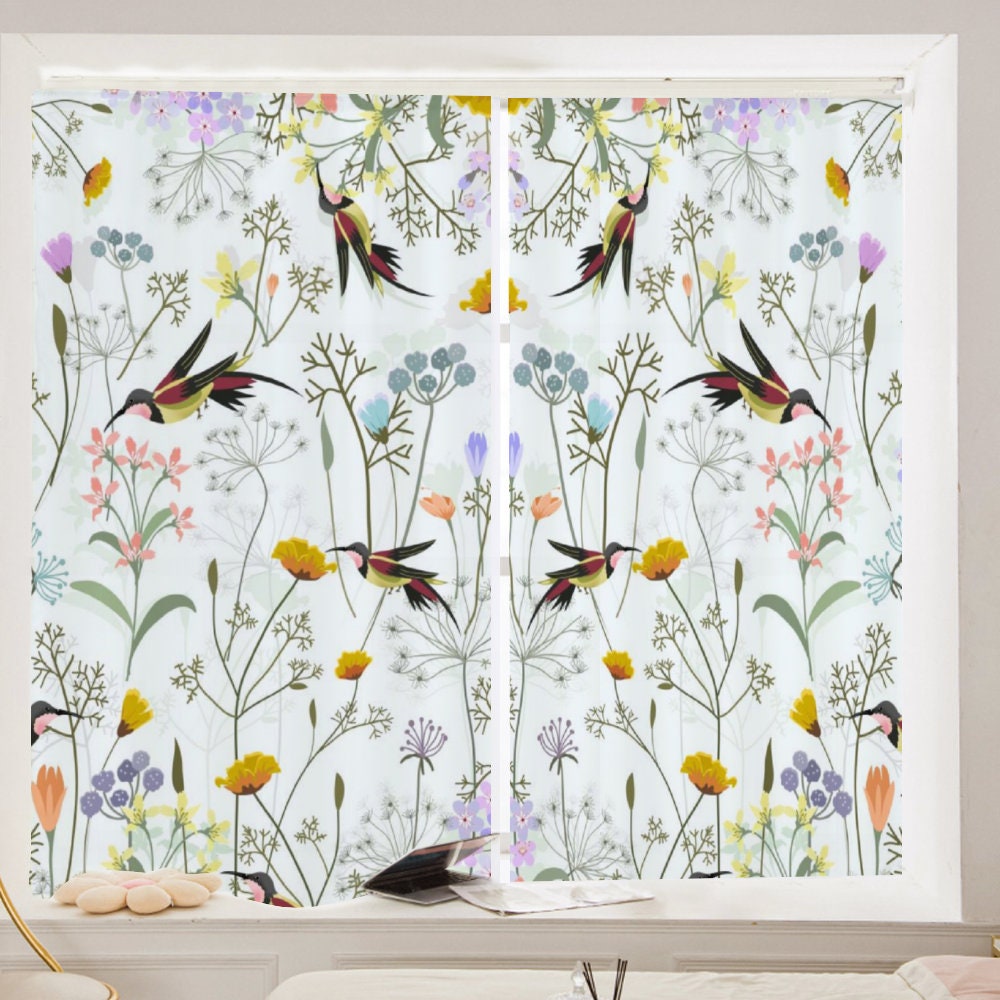 Elegant Chiffon Window Curtains - Translucent Sheer Curtains with Humble Birds Pattern - Two-Piece Set - Product size is one-piece size