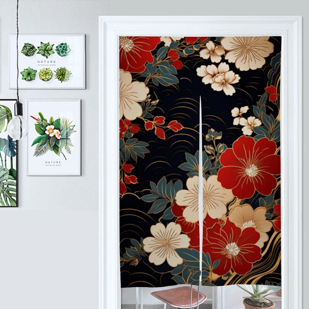 Japanese Floral Noren Door Curtain - Japanese Traditional Pattern Room Divider for Home Decoration - Japanese Noren, Japanese Door Curtain
