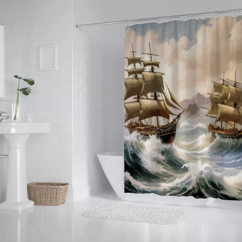 Warships Shower Curtain with Hooks, Shower Curtain, Bath Shower Curtain, Artwork Shower Curtain, Waterproof shower curtain