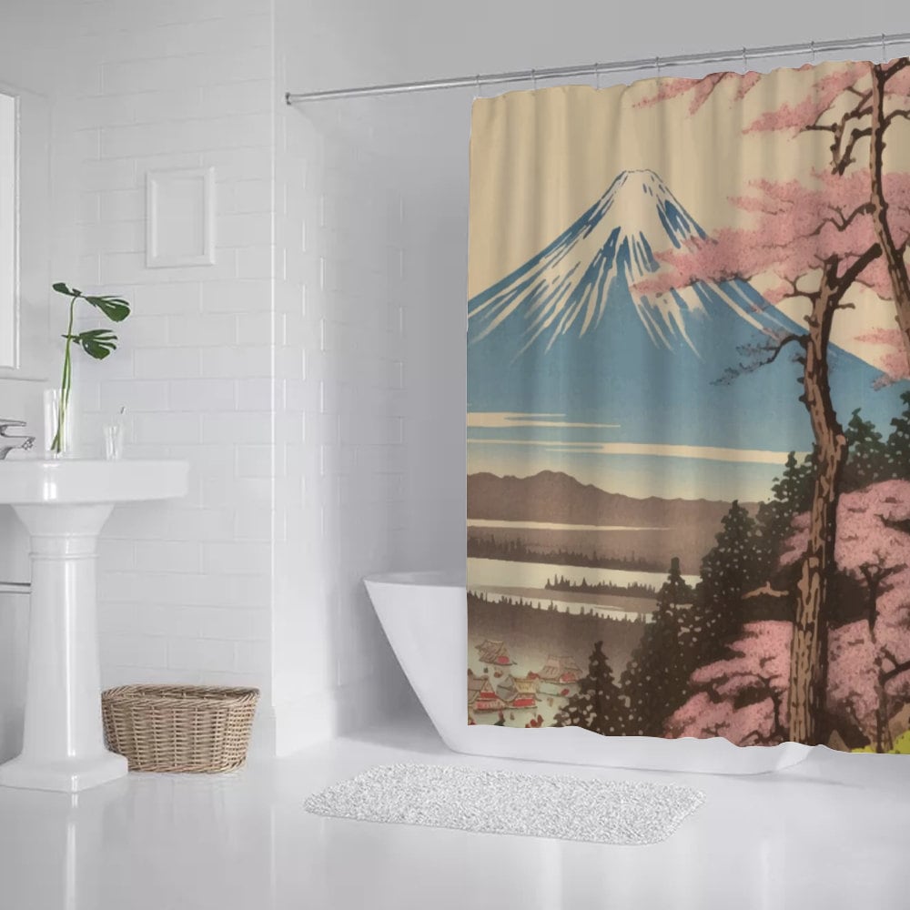 Mt Fuji Shower Curtain, Japanese Landscape Shower Curtain with Hooks, Bath Shower Curtain, Artwork Shower Curtain, Waterproof shower curtain