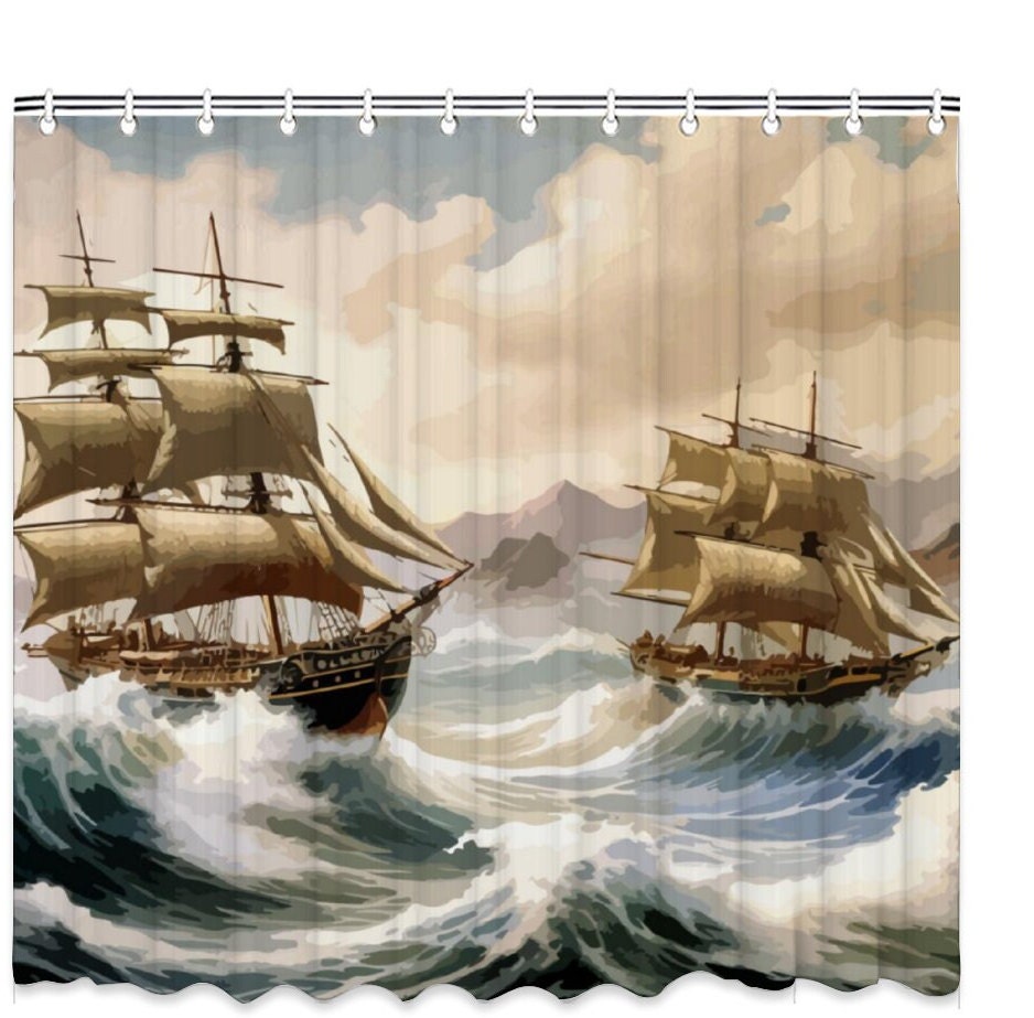 Warships Shower Curtain with Hooks, Shower Curtain, Bath Shower Curtain, Artwork Shower Curtain, Waterproof shower curtain