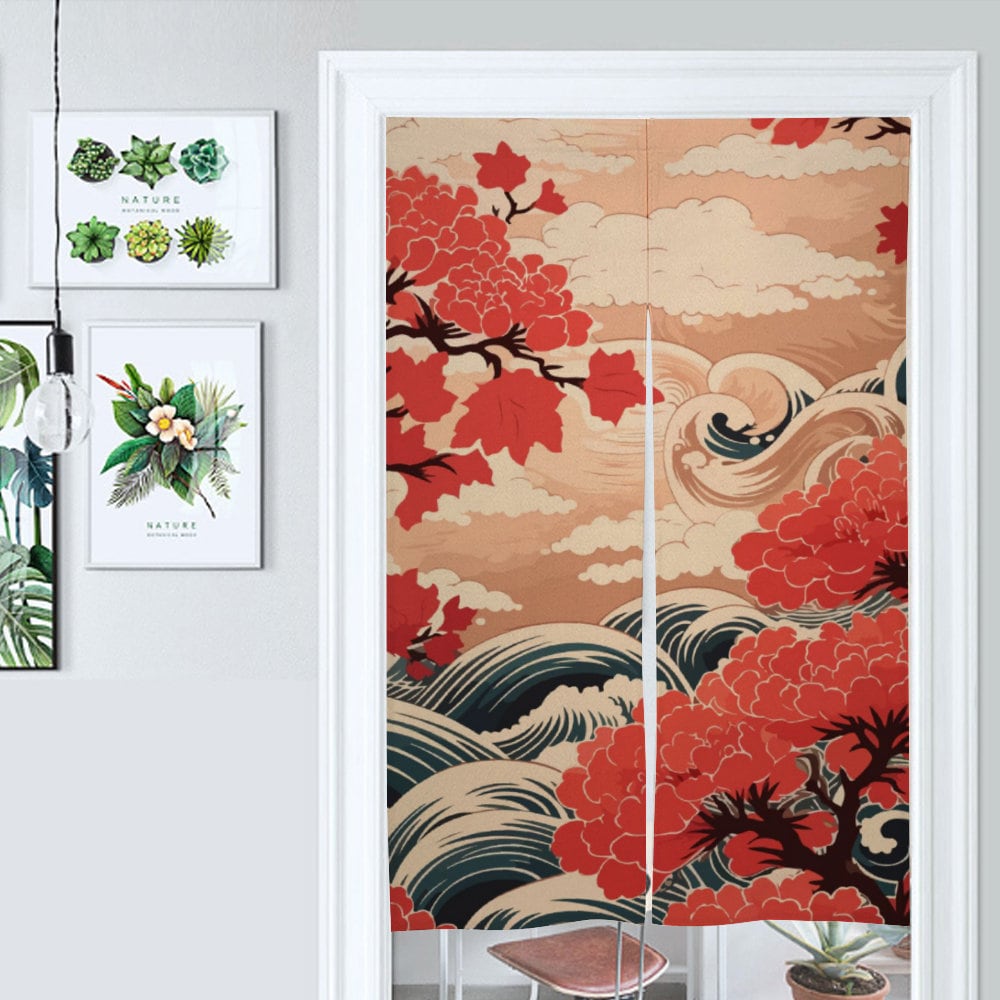 Japanese Autumn Landscape Wave Noren, Japanese Doorway Curtain, Japanese Traditional Noren , Japanese Great Wave curtain, Door Curtain