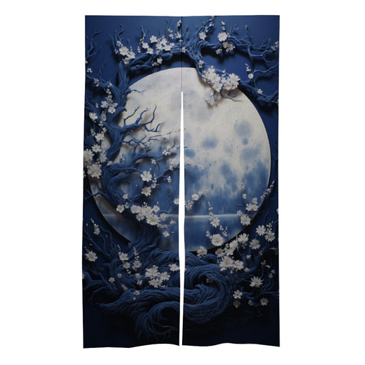 Indigo Japanese moon and blossoms Noren Curtain - Room Divider for Home Decor - Japanese Noren - Doorway Curtain - Kyoto Door Curtain