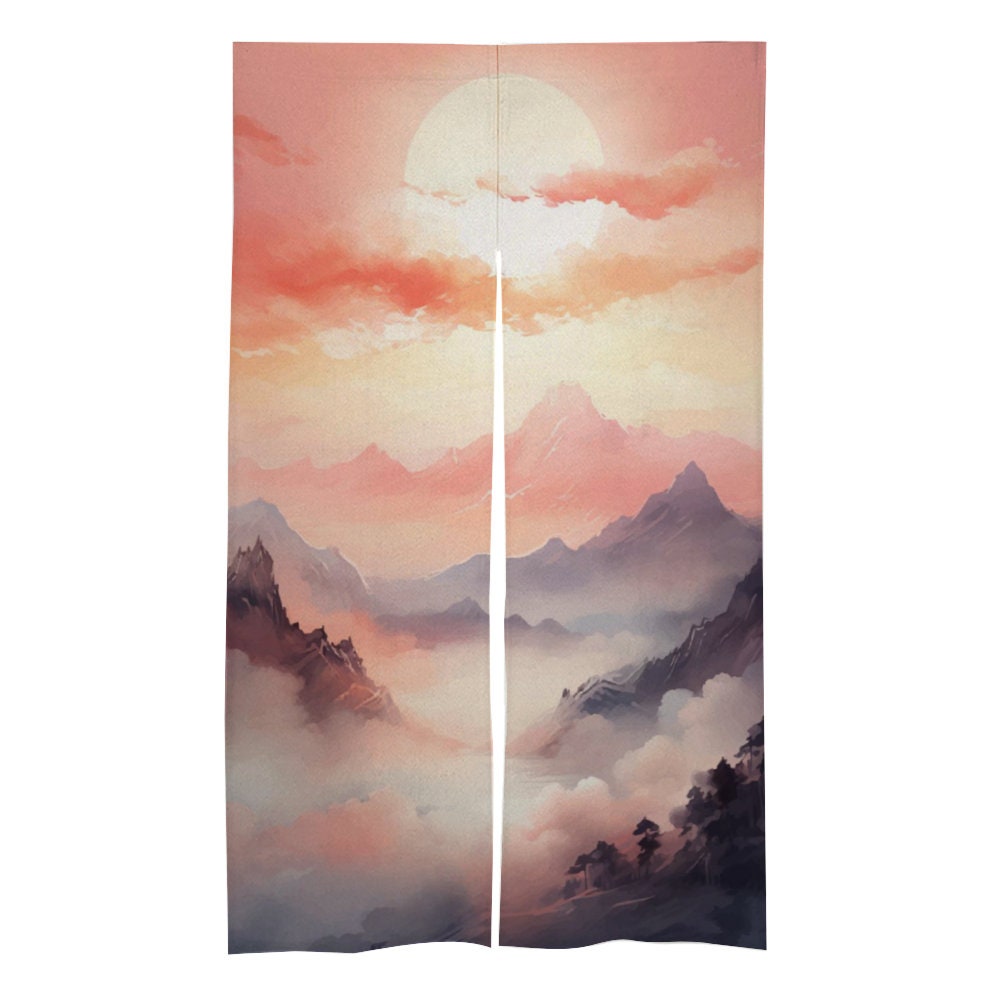 Japanese Pink Abstract Landscape Noren, Japanese Doorway Curtain, Japanese Traditional Noren Curtain, Japanese Wave curtain, Door Curtain