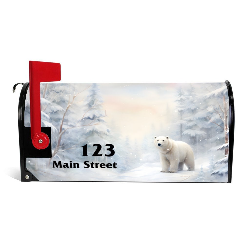 Custom Address Mailbox Covers Magnetic, Winter Polar Bear Theme Post Box Cover, Personalized Magnetic, Waterproof Canvas Mailbox Sticker