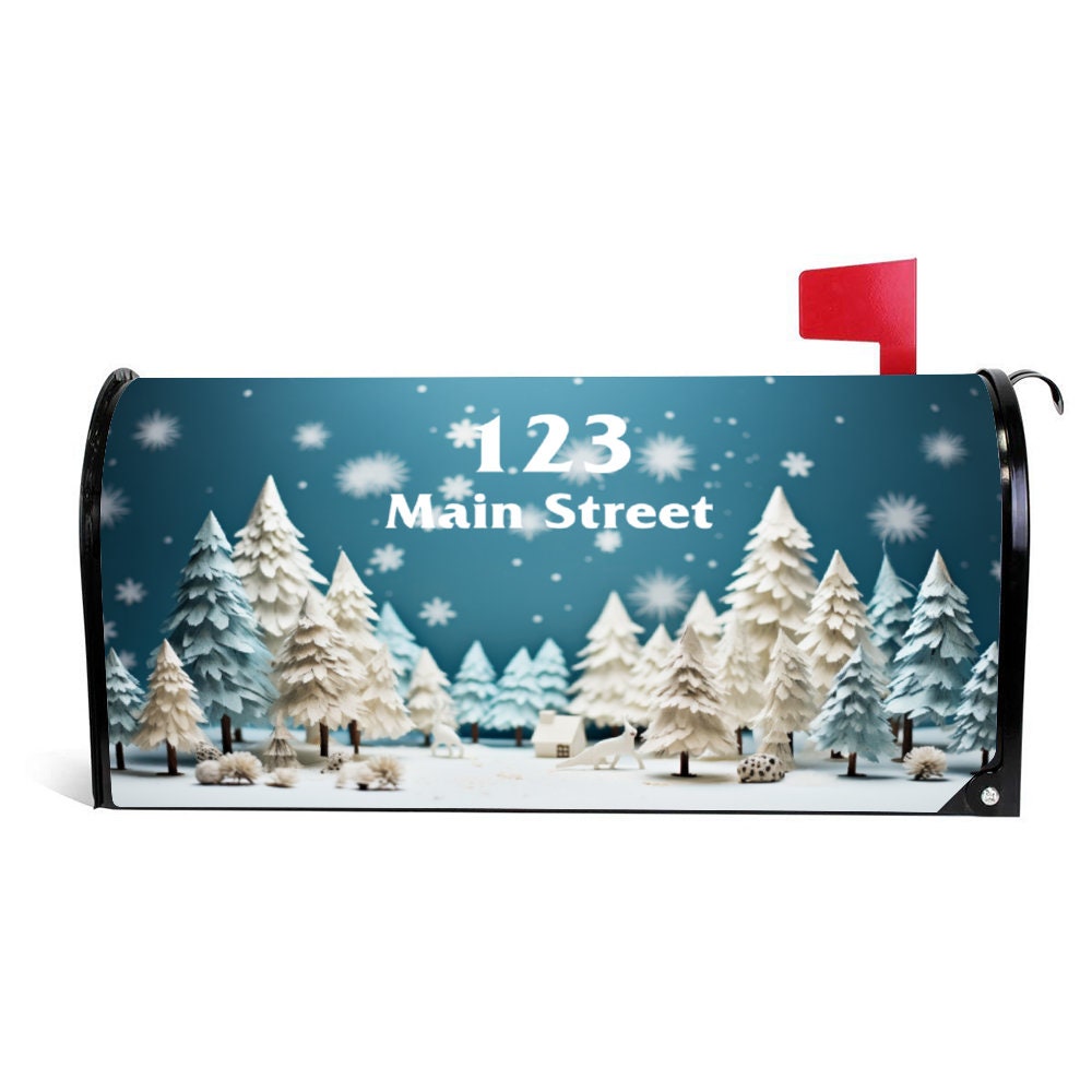 Custom Address Mailbox Covers Magnetic, 3D Winter Christmas Tree Mailbox Cover, Personalized Magnetic, Waterproof Canvas Mailbox Sticker