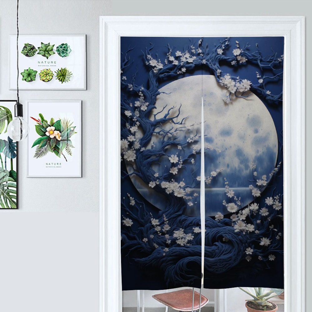 Indigo Japanese moon and blossoms Noren Curtain - Room Divider for Home Decor - Japanese Noren - Doorway Curtain - Kyoto Door Curtain