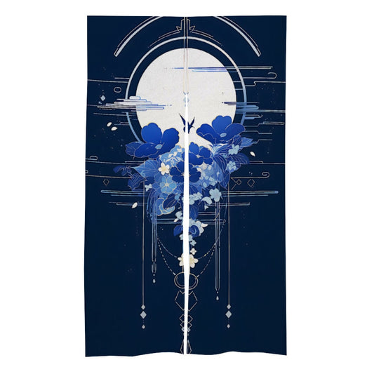 Indigo Japanese moon and Floral Artwork Noren Curtain - Room Divider for Home Decor - Japanese Noren - Doorway Curtain - Kyoto Door Curtain