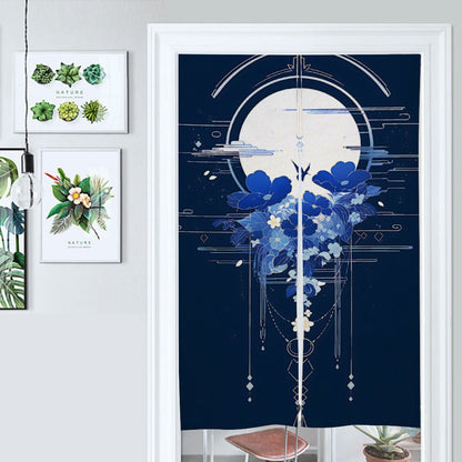 Indigo Japanese moon and Floral Artwork Noren Curtain - Room Divider for Home Decor - Japanese Noren - Doorway Curtain - Kyoto Door Curtain