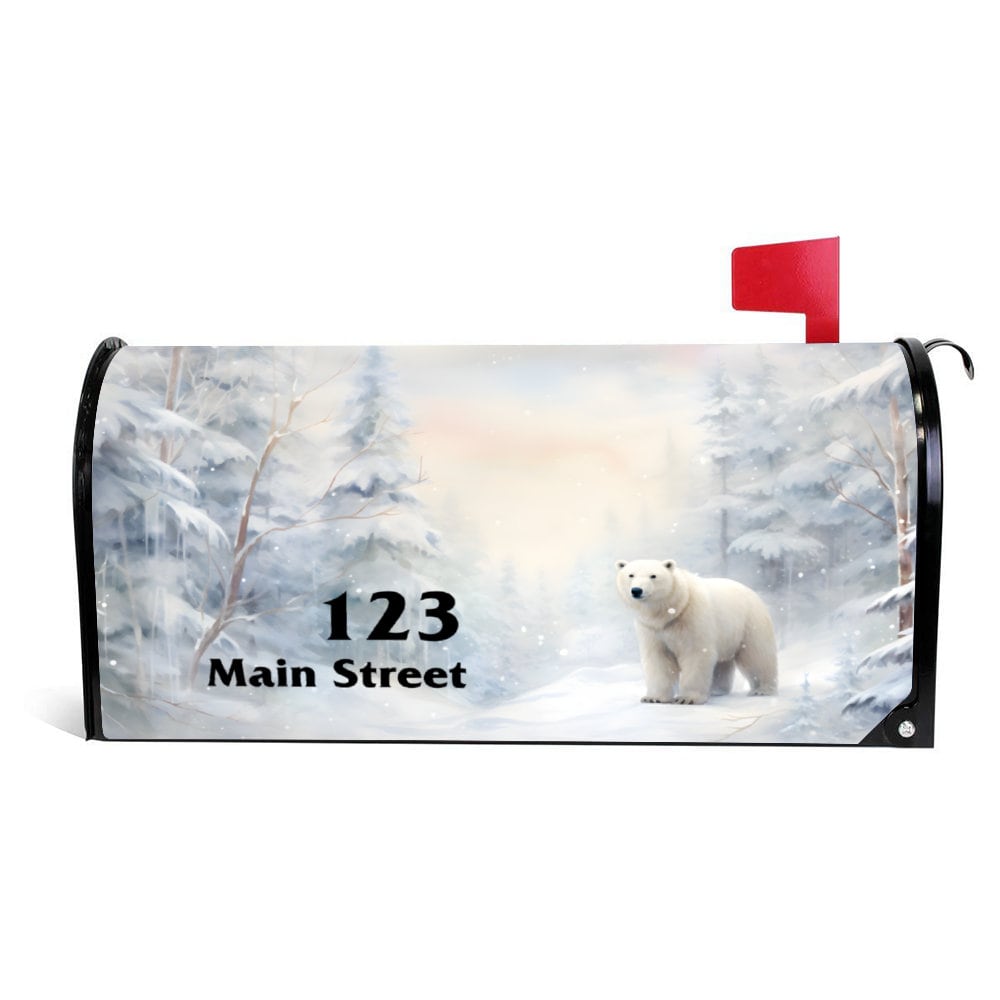 Custom Address Mailbox Covers Magnetic, Winter Polar Bear Theme Post Box Cover, Personalized Magnetic, Waterproof Canvas Mailbox Sticker