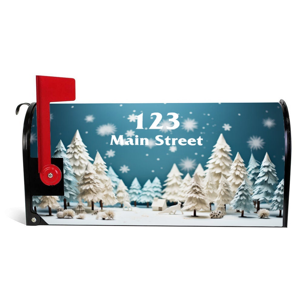 Custom Address Mailbox Covers Magnetic, 3D Winter Christmas Tree Mailbox Cover, Personalized Magnetic, Waterproof Canvas Mailbox Sticker