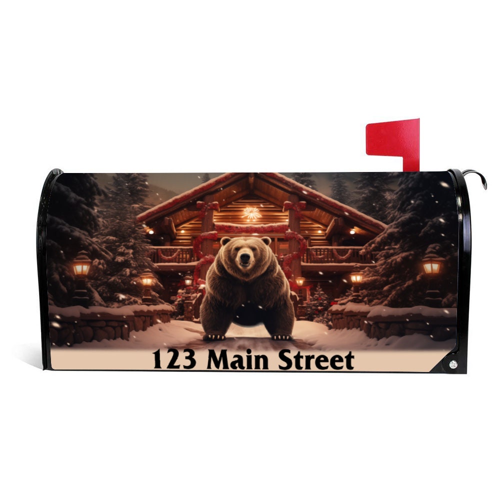 Custom Address Mailbox Covers Magnetic, Big Bear Cabin Post Box Cover, Personalized Magnetic, Waterproof Canvas Mailbox Sticker