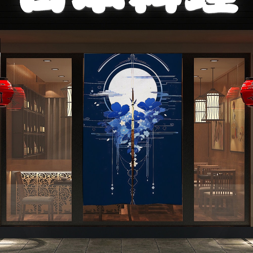 Indigo Japanese moon and Floral Artwork Noren Curtain - Room Divider for Home Decor - Japanese Noren - Doorway Curtain - Kyoto Door Curtain