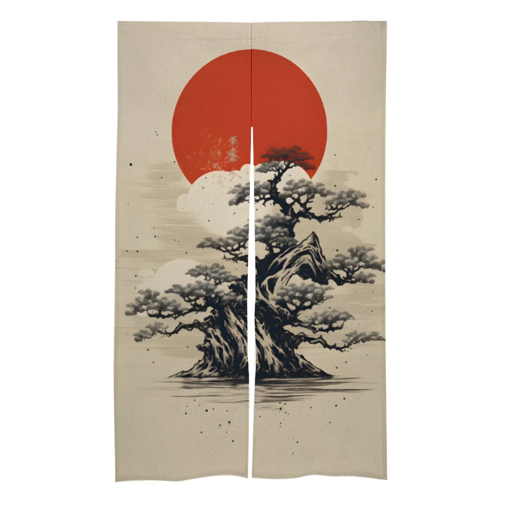 Japanese Landscape Bonsai Tree Noren, Door Curtain - Japanese Traditional Room Divider for Home Decor - Doorway Curtain - Japanese Noren