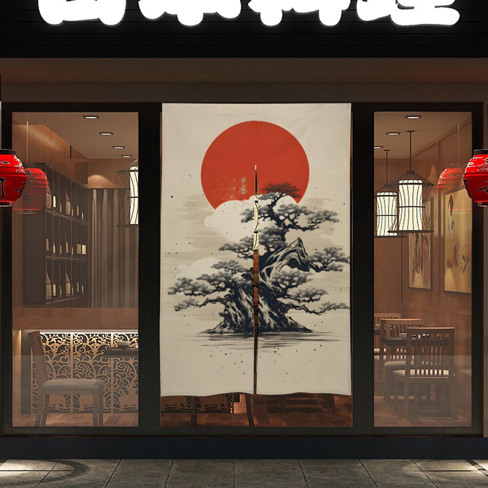 Japanese Landscape Bonsai Tree Noren, Door Curtain - Japanese Traditional Room Divider for Home Decor - Doorway Curtain - Japanese Noren