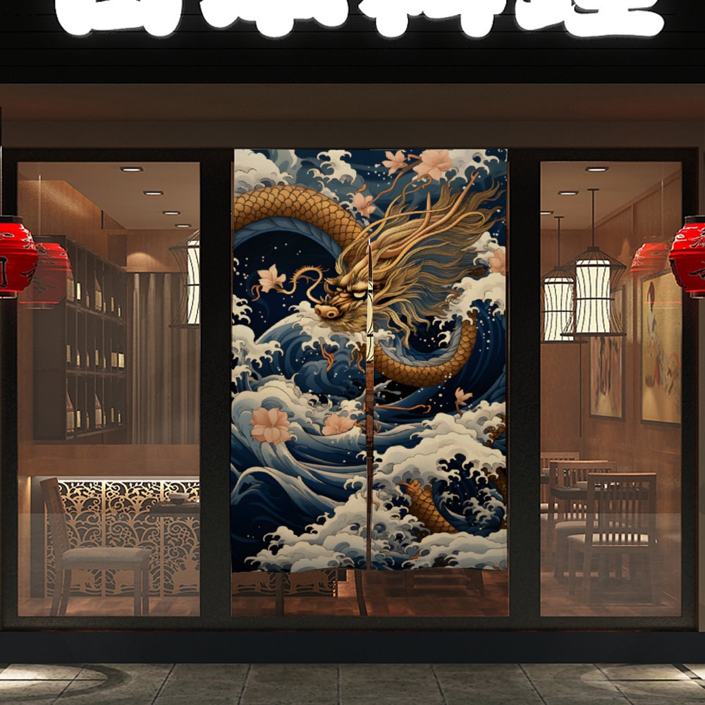 Japanese Dragon Noren, Japanese Doorway Curtain, Japanese Dragon with Great Wave Noren Curtain, Japanese Wave curtain, Door Curtain