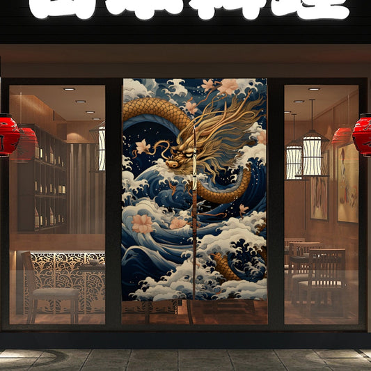 Japanese Dragon Noren, Japanese Doorway Curtain, Japanese Dragon with Great Wave Noren Curtain, Japanese Wave curtain, Door Curtain