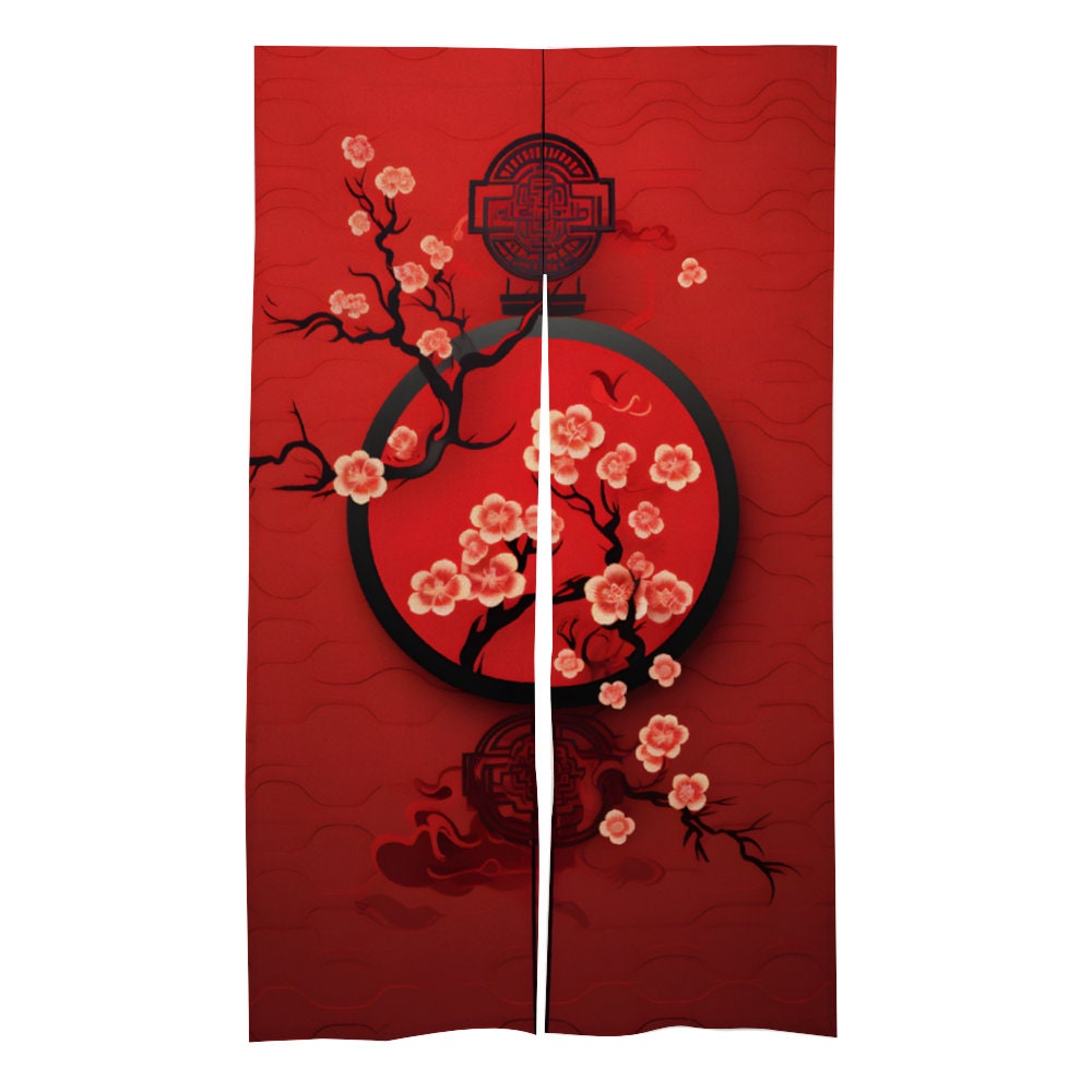 Japanese Noren Door Curtain - Red Chinese Cherry Blossom New Year - Room Divider for Home Decoration - Japanese Door Curtain - Red Noren