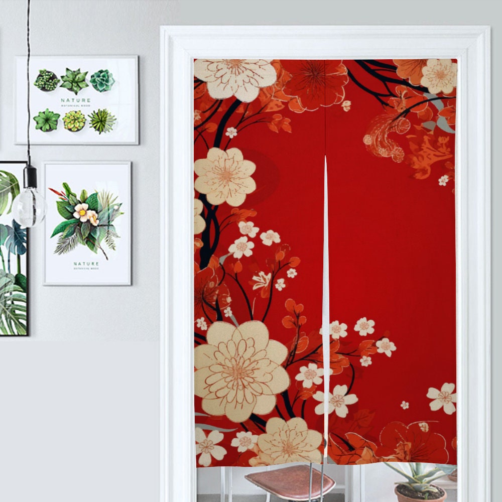 Japanese Red Noren - Red Cherry Blossom Floral Door Curtain - Japanese Traditional Room Divider for Home Decoration - Japanese Door Curtain