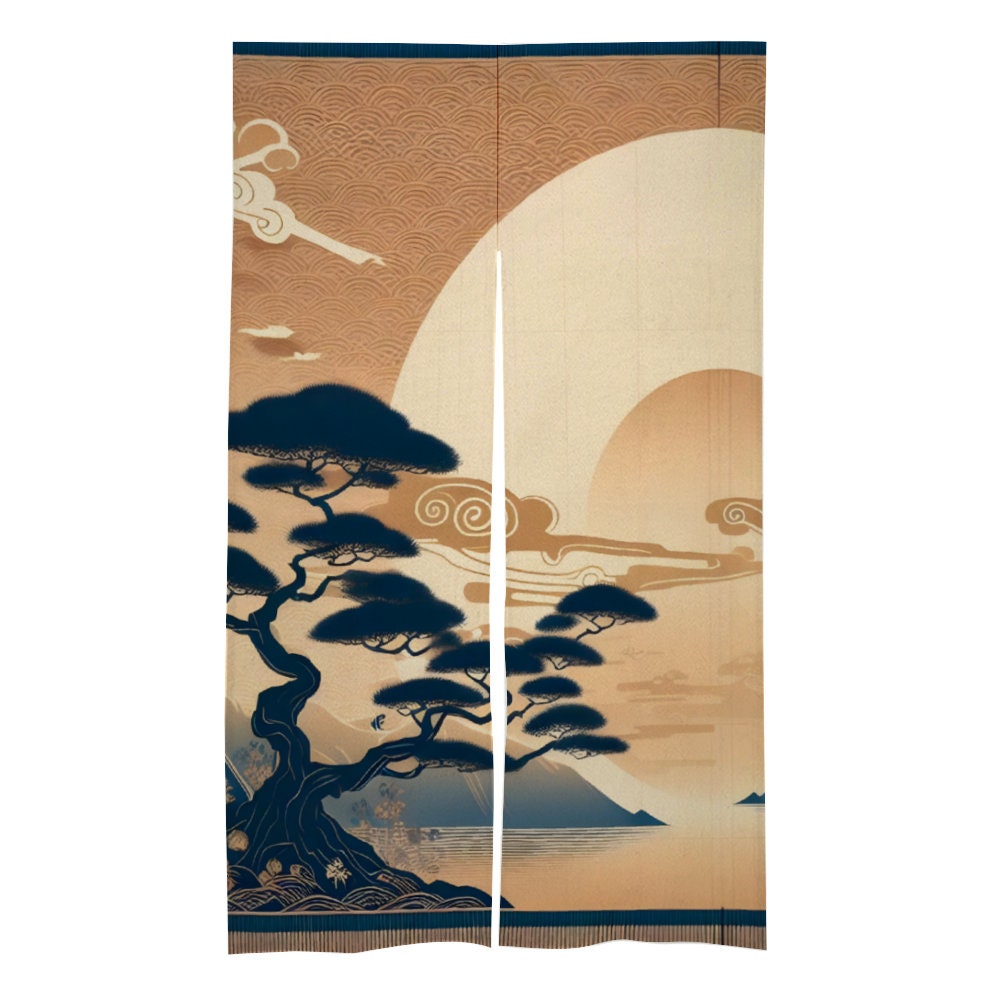 Japanese Noren, Japanese Landscape artwork featuring a bonsai tree and lake, Japanese Traditional Noren Curtain, Japanese Doorway Curtain