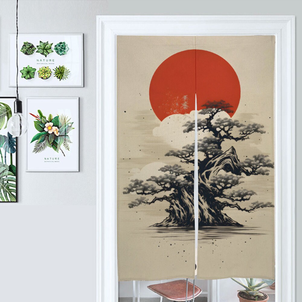 Japanese Landscape Bonsai Tree Noren, Door Curtain - Japanese Traditional Room Divider for Home Decor - Doorway Curtain - Japanese Noren