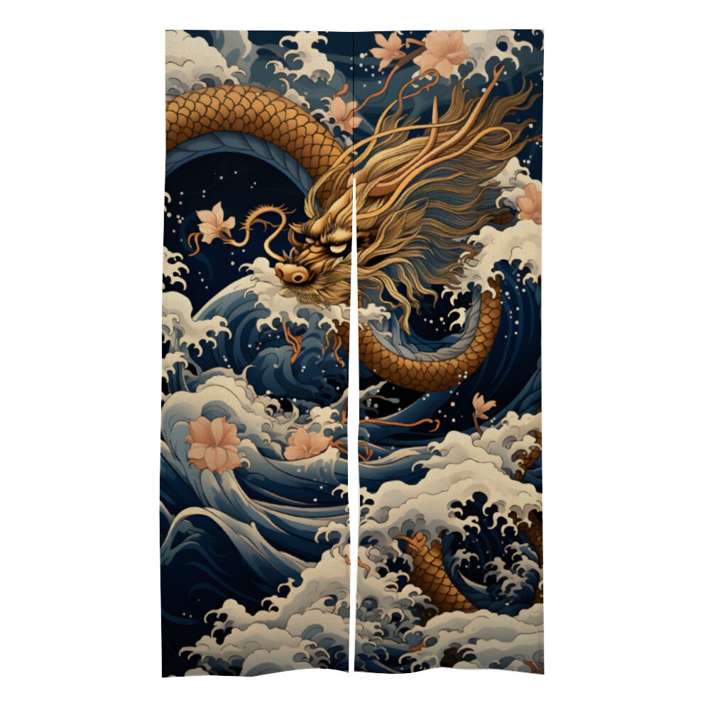 Japanese Dragon Noren, Japanese Doorway Curtain, Japanese Dragon with Great Wave Noren Curtain, Japanese Wave curtain, Door Curtain