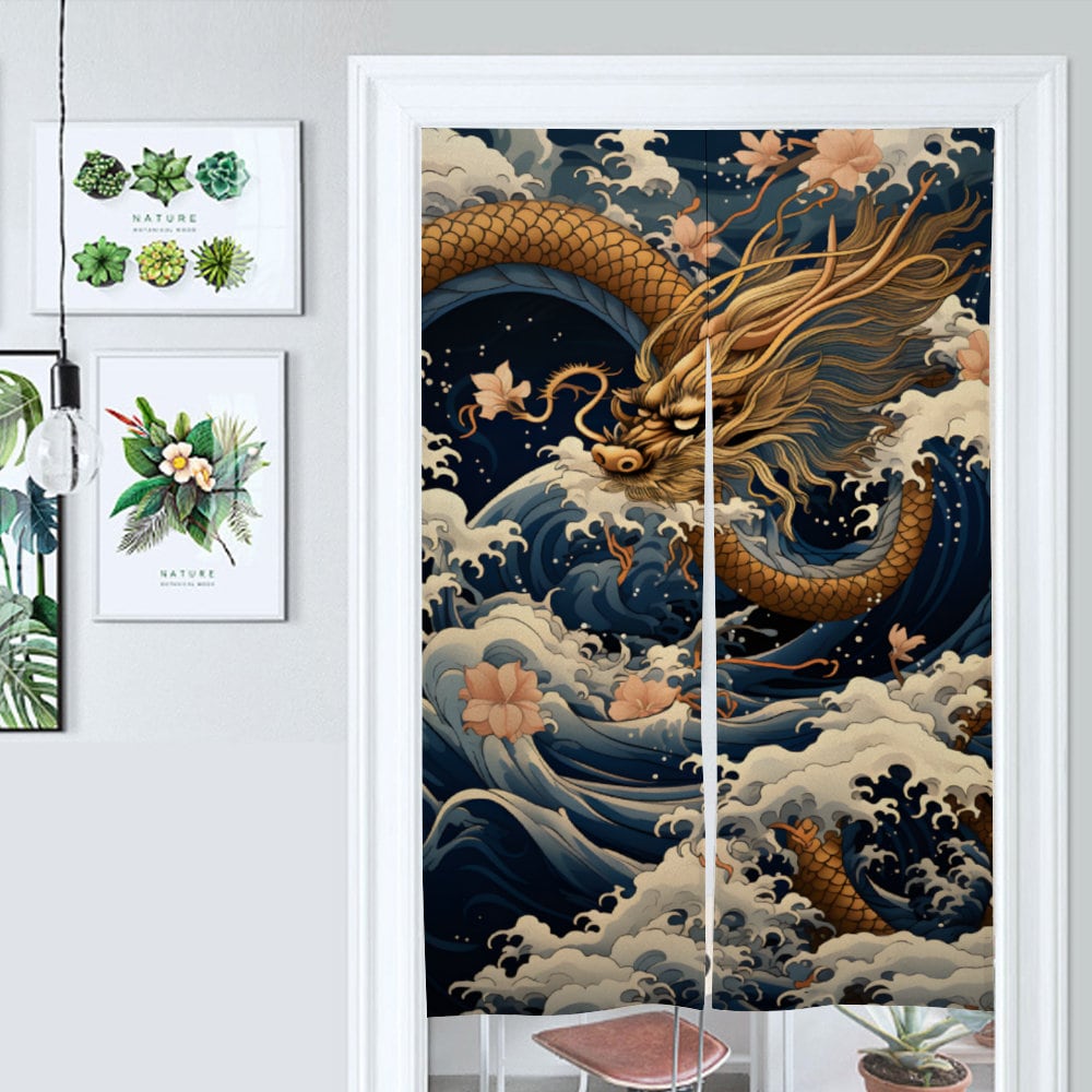 Japanese Dragon Noren, Japanese Doorway Curtain, Japanese Dragon with Great Wave Noren Curtain, Japanese Wave curtain, Door Curtain