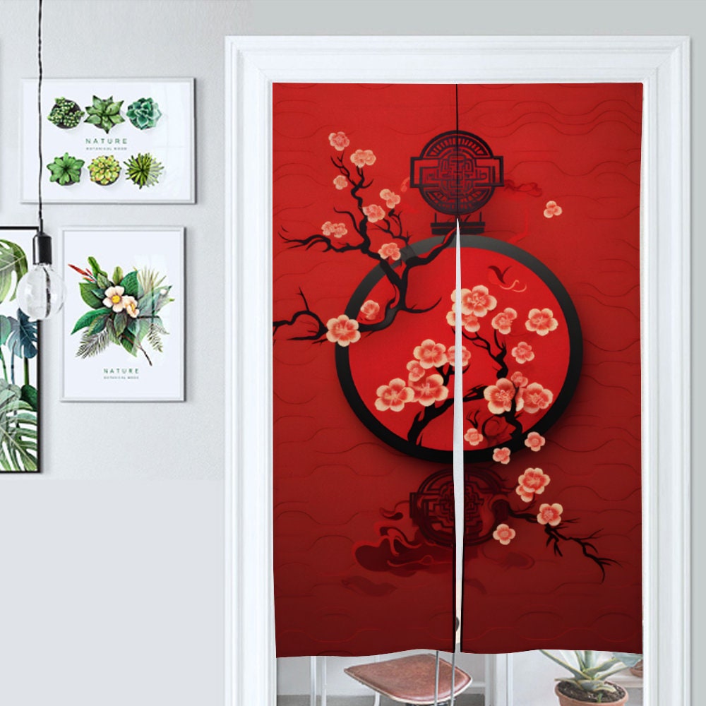 Japanese Noren Door Curtain - Red Chinese Cherry Blossom New Year - Room Divider for Home Decoration - Japanese Door Curtain - Red Noren