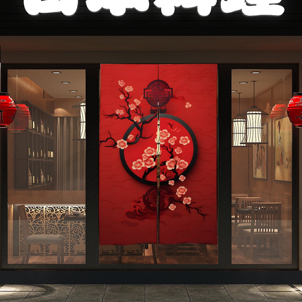 Japanese Noren Door Curtain - Red Chinese Cherry Blossom New Year - Room Divider for Home Decoration - Japanese Door Curtain - Red Noren